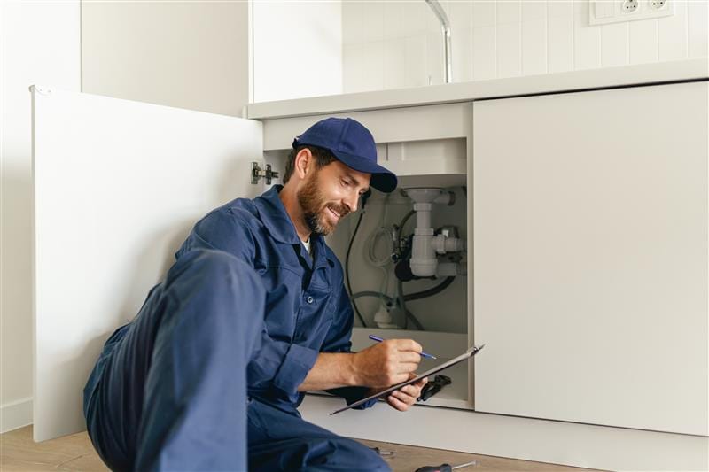 Residential plumber reviewing plumbing repairs in a Coral Springs kitchen