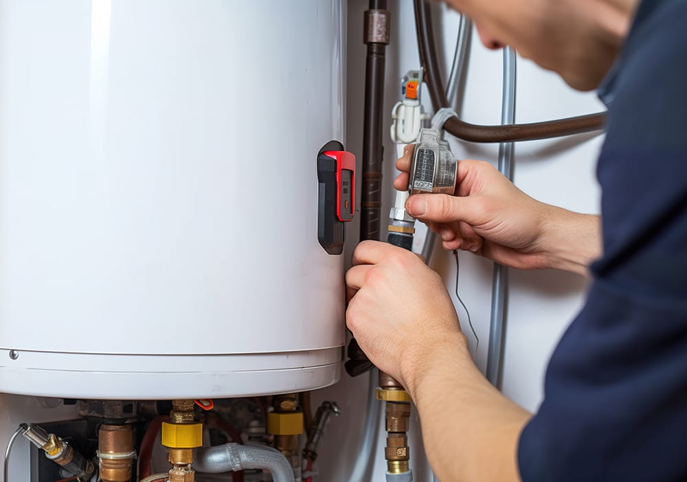 Technician repairing pipes connected to a water heater in Coral Springs